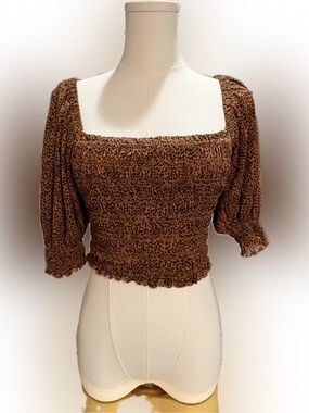 Urban Outfitters Brown Leopard Smocked Puff Sleeve Crop Top